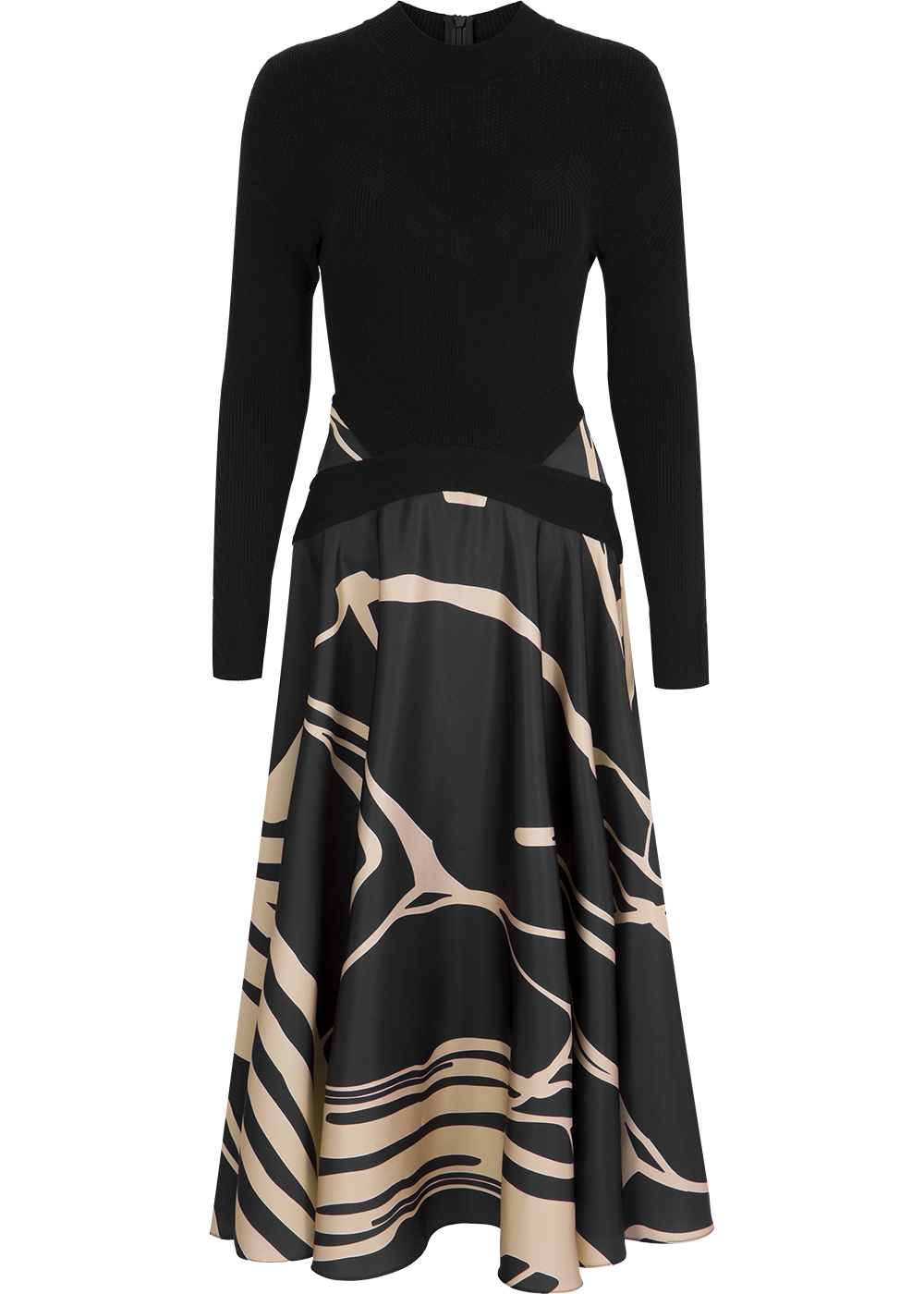 SALAZIA Black-Camel Line Art Wool Blend Dresses