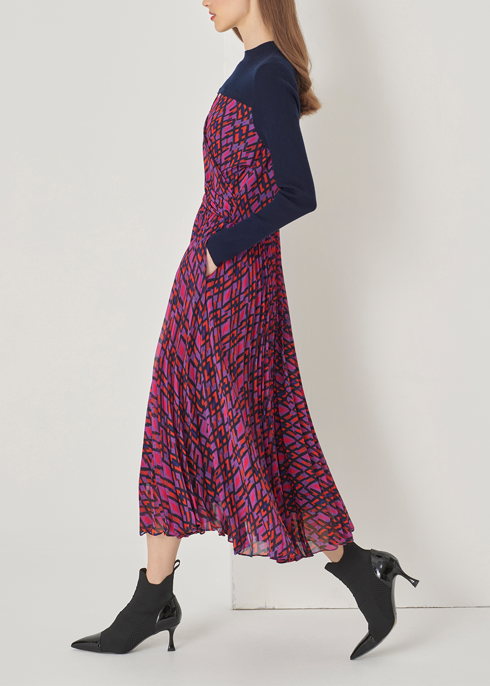 SALAZIA Purple-Red Plaid Wool Blend Dresses