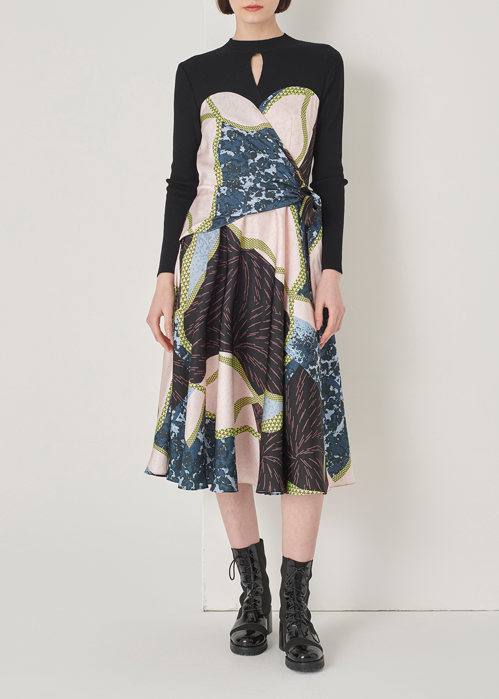 SALAZIA Black-Pink Patchwork Wool Blend Dresses