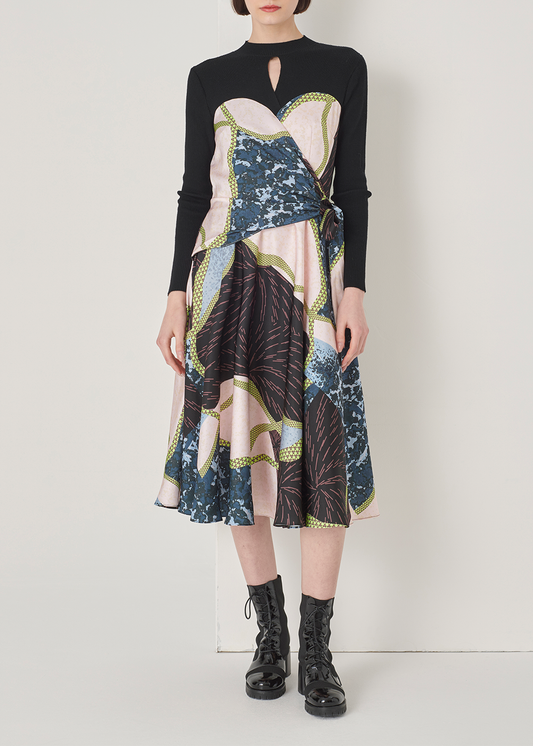 SALAZIA Black-Pink Patchwork Wool Blend Dresses