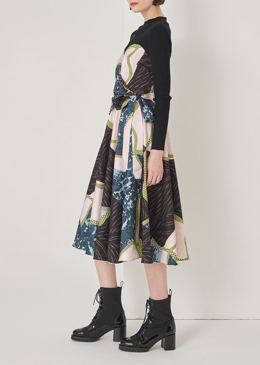 SALAZIA Black-Pink Patchwork Wool Blend Dresses