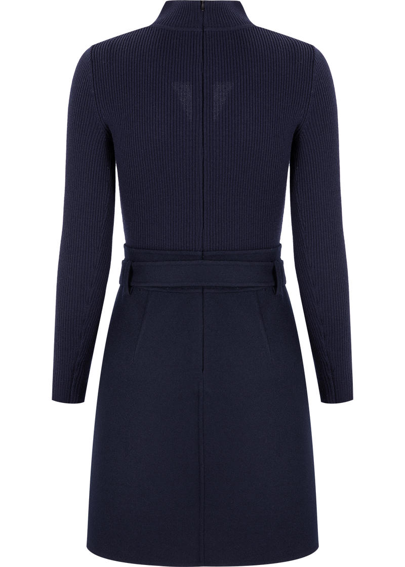 SALAZIA Deep Blue Wool-Silk Blend Long-Sleeve Dresses
