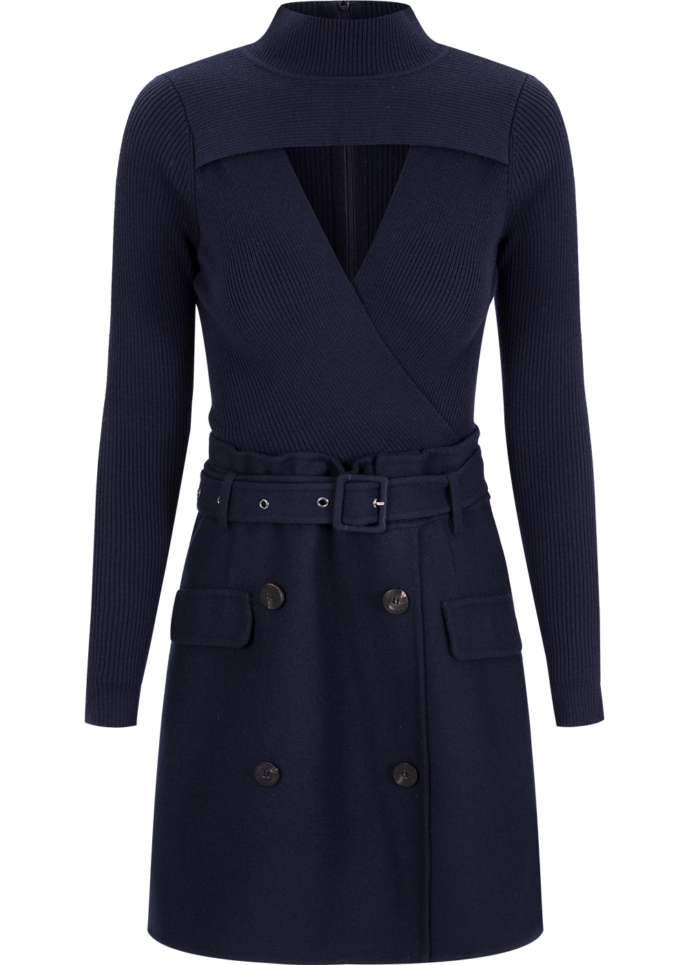 SALAZIA Deep Blue Wool-Silk Blend Long-Sleeve Dresses