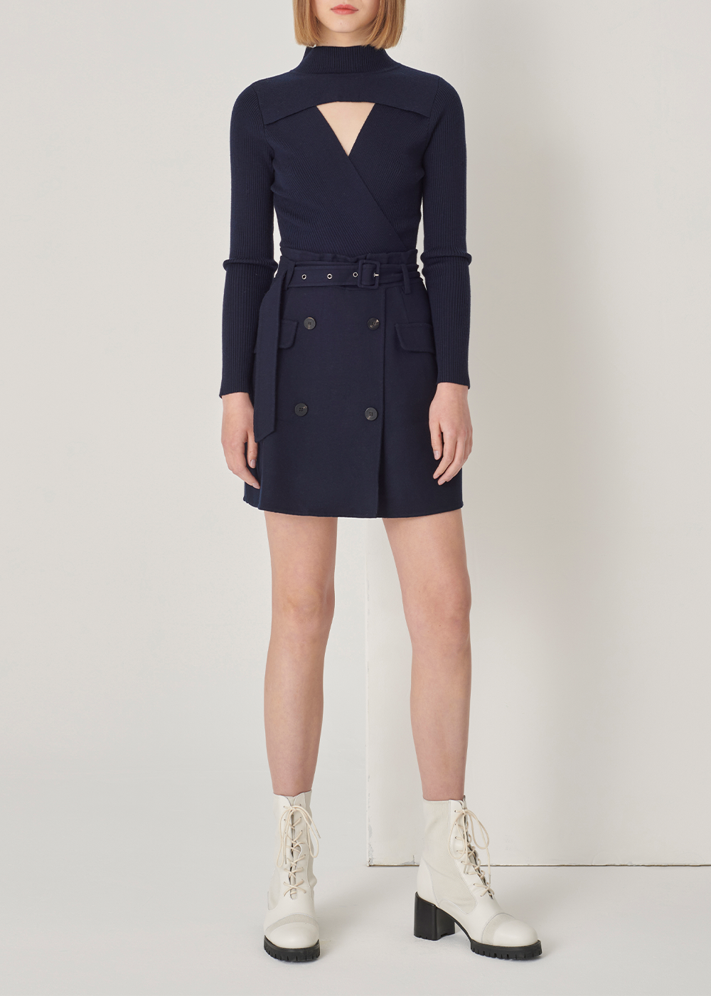 SALAZIA Deep Blue Wool-Silk Blend Long-Sleeve Dresses