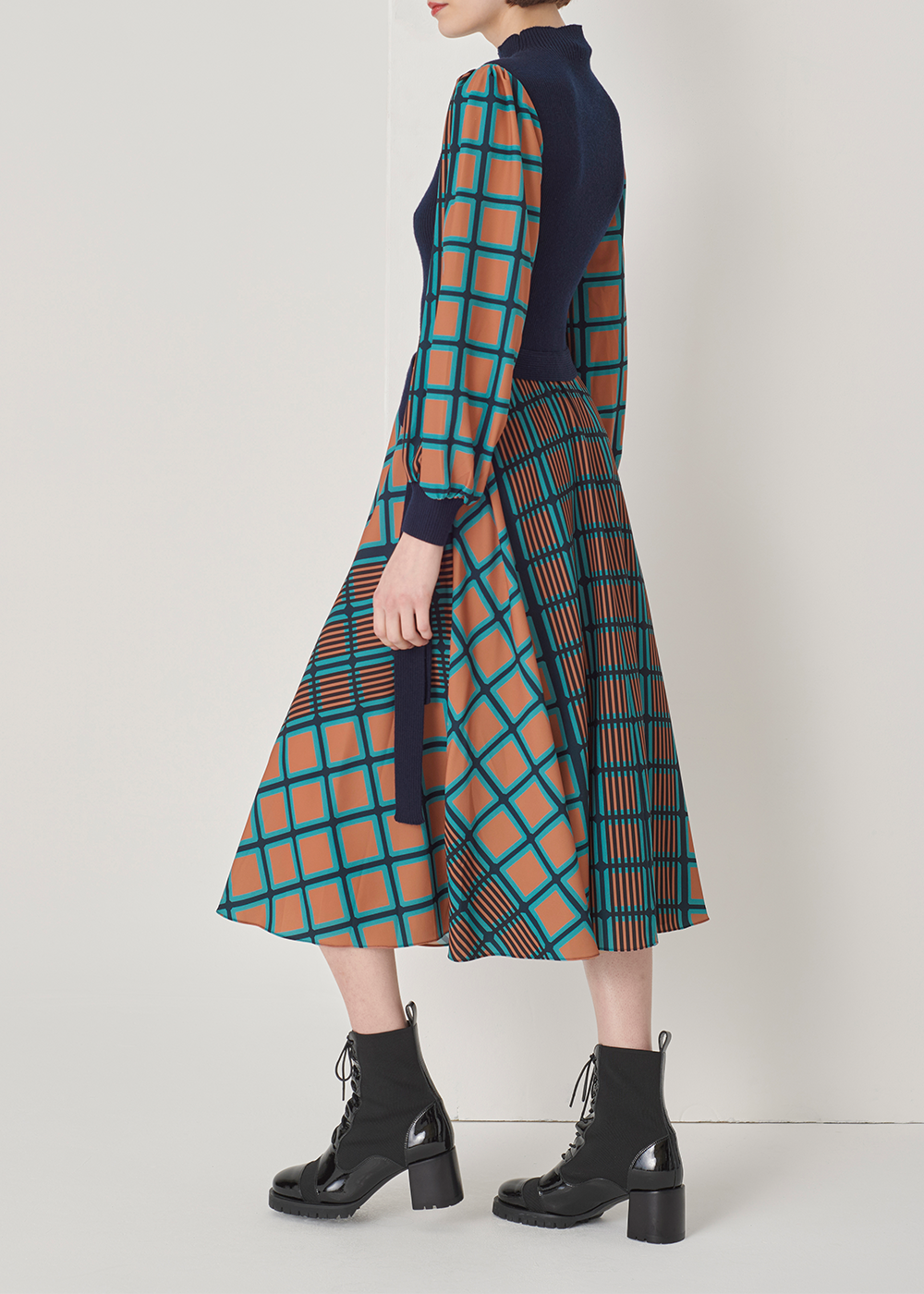SALAZIA Blue-Green Check Wool Blend Dresses