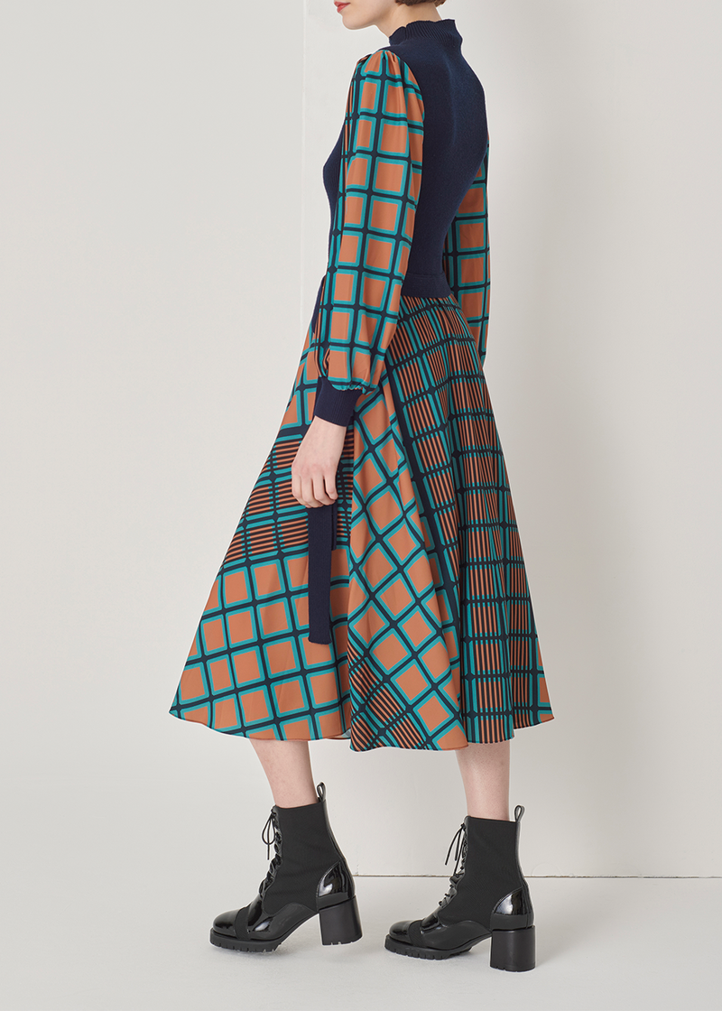 SALAZIA Blue-Green Check Wool Blend Dresses