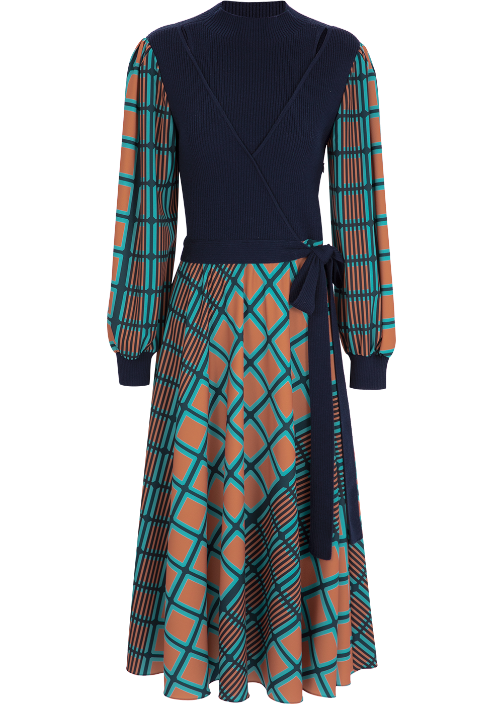 SALAZIA Blue-Green Check Wool Blend Dresses