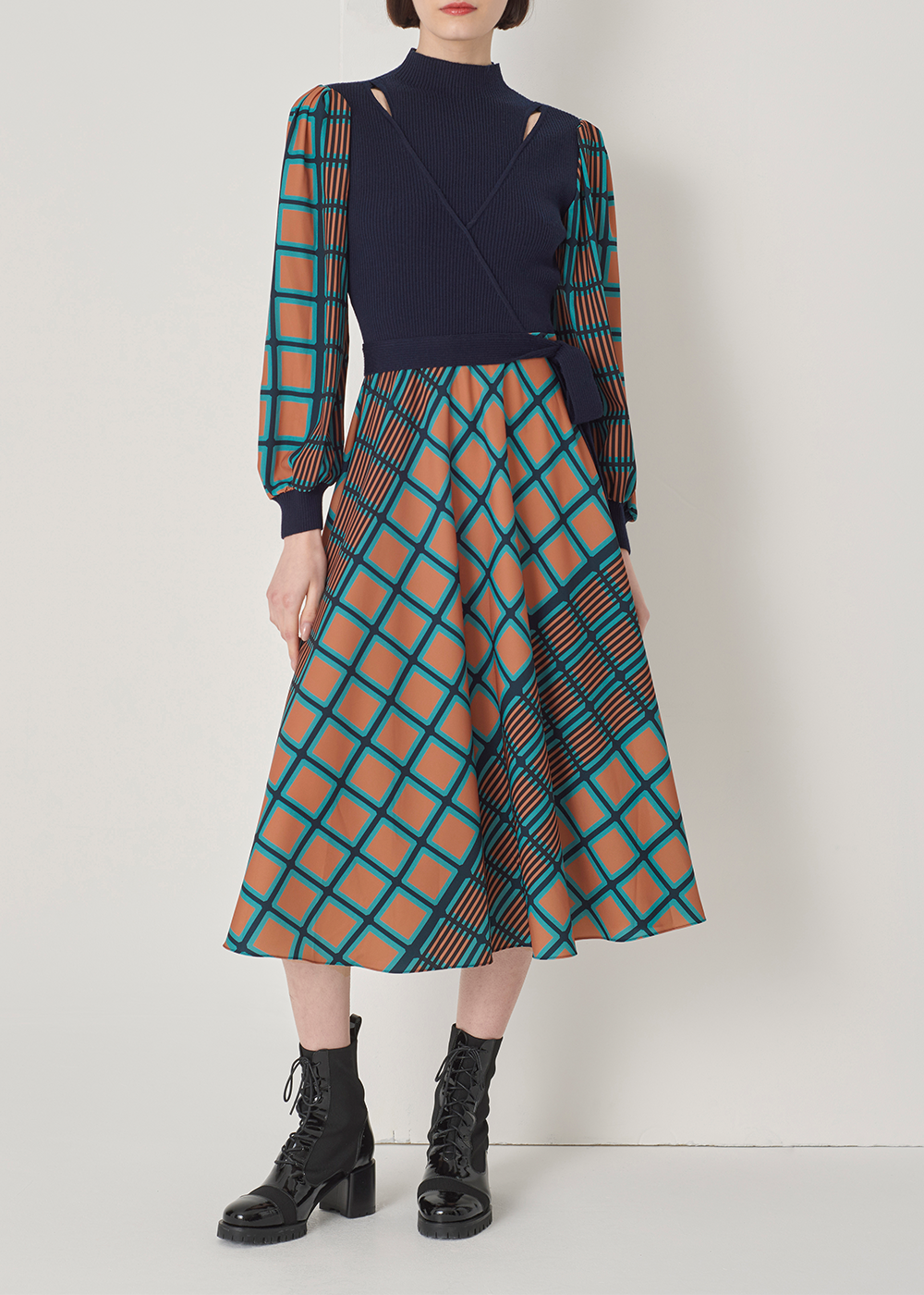 SALAZIA Blue-Green Check Wool Blend Dresses