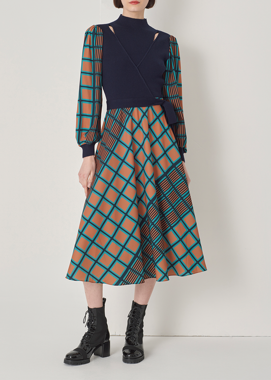 SALAZIA Blue-Green Check Wool Blend Dresses