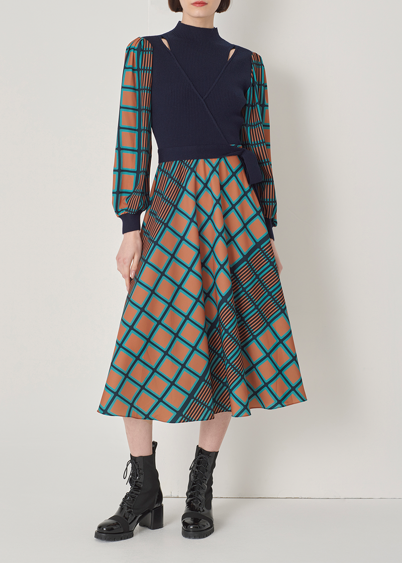 SALAZIA Blue-Green Check Wool Blend Dresses