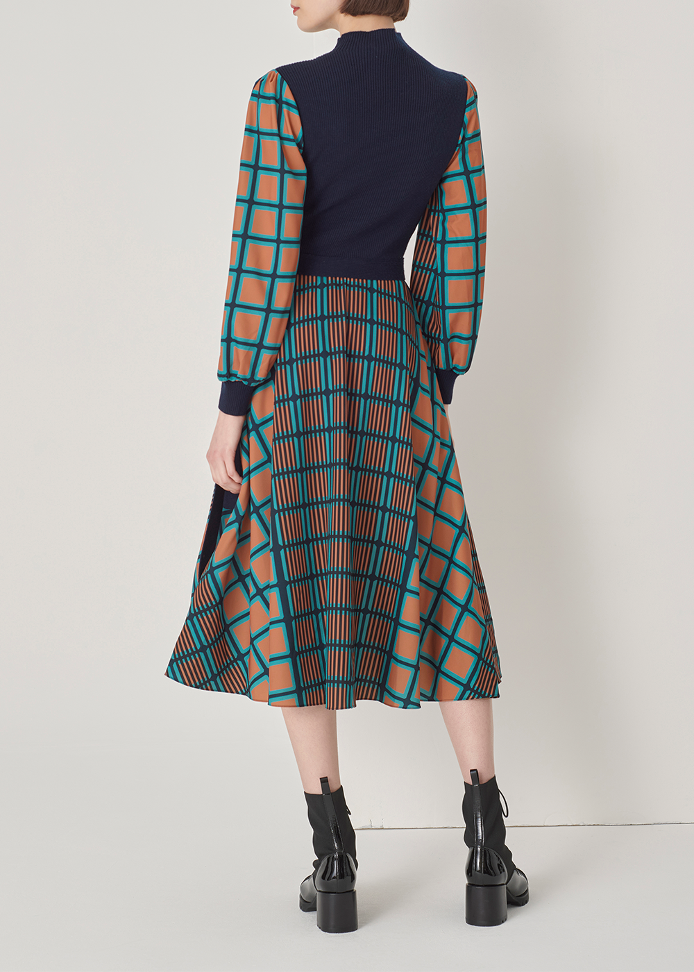 SALAZIA Blue-Green Check Wool Blend Dresses