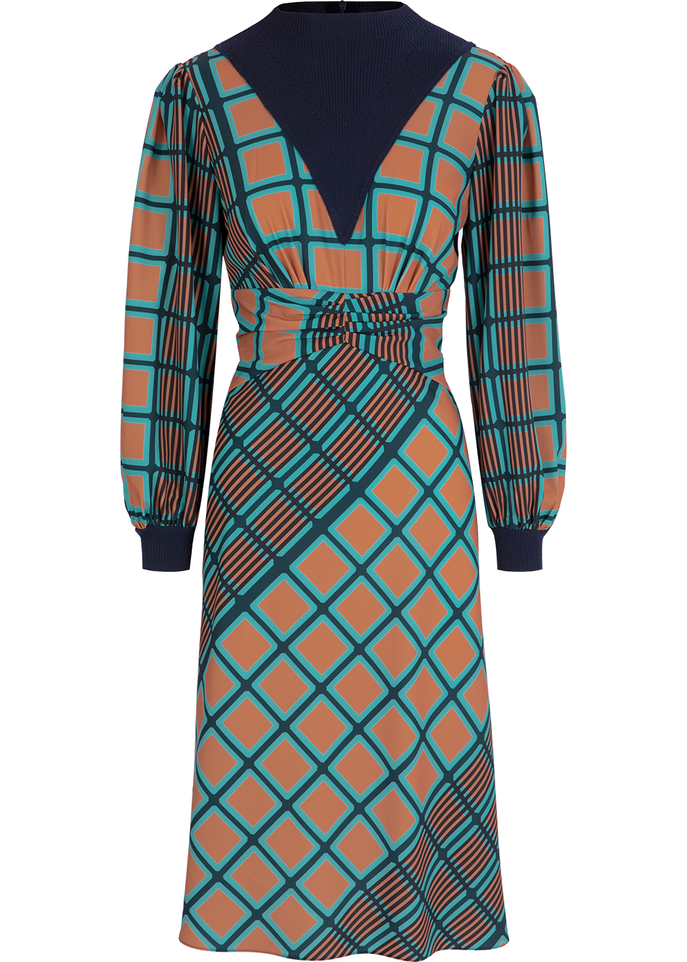 SALAZIA Blue-Green Check Stretch Wool Blend Dresses