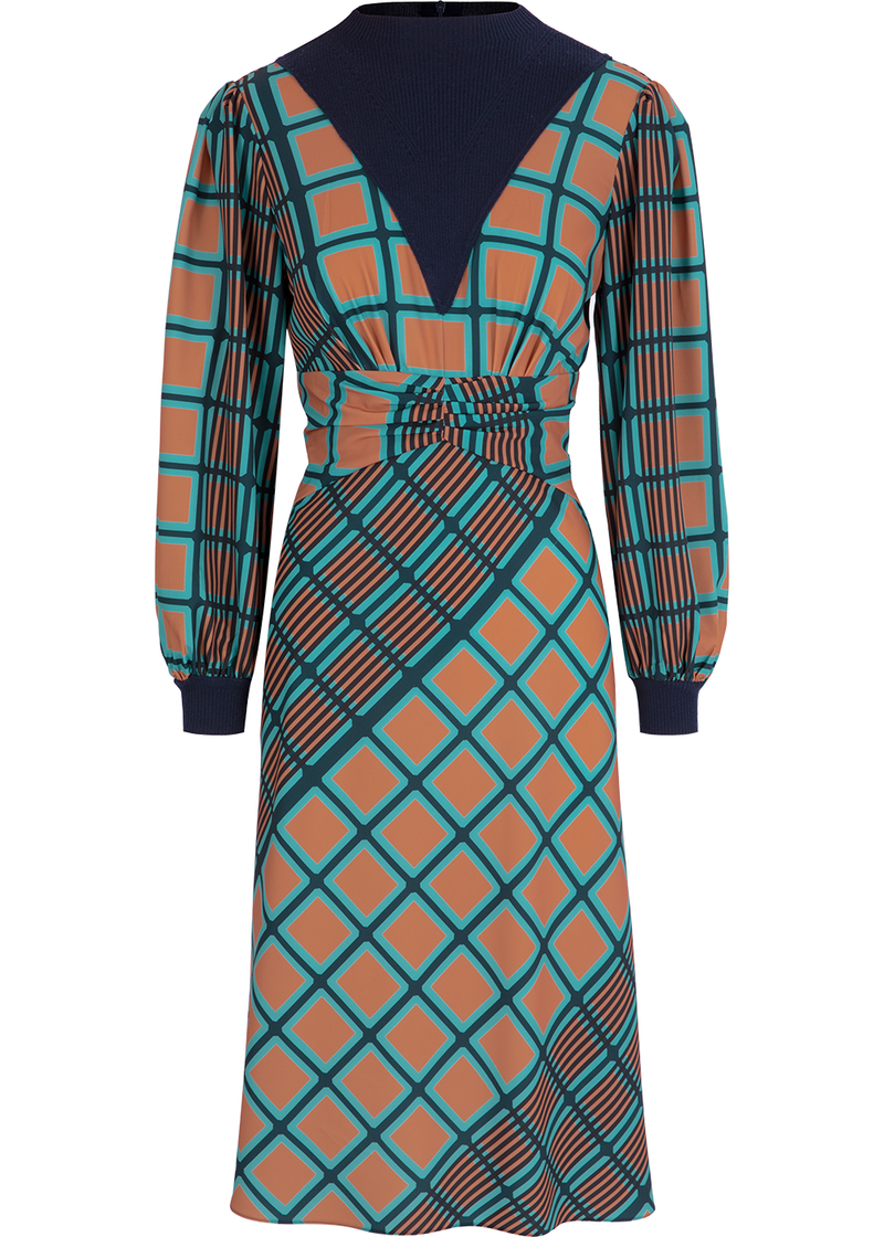 SALAZIA Blue-Green Check Stretch Wool Blend Dresses