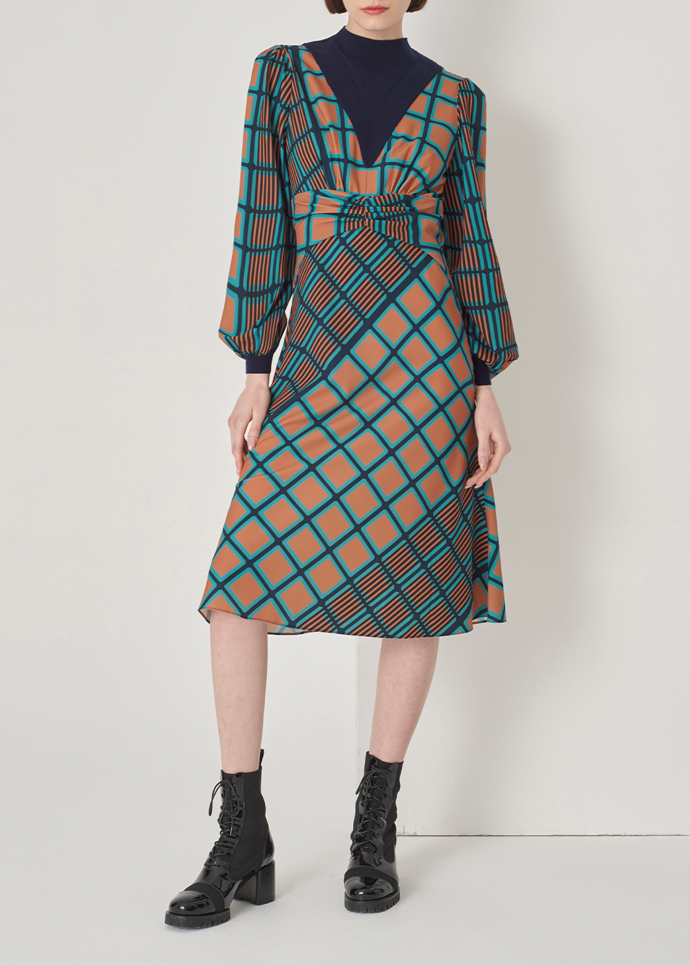 SALAZIA Blue-Green Check Stretch Wool Blend Dresses