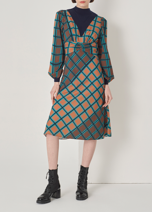 SALAZIA Blue-Green Check Stretch Wool Blend Dresses