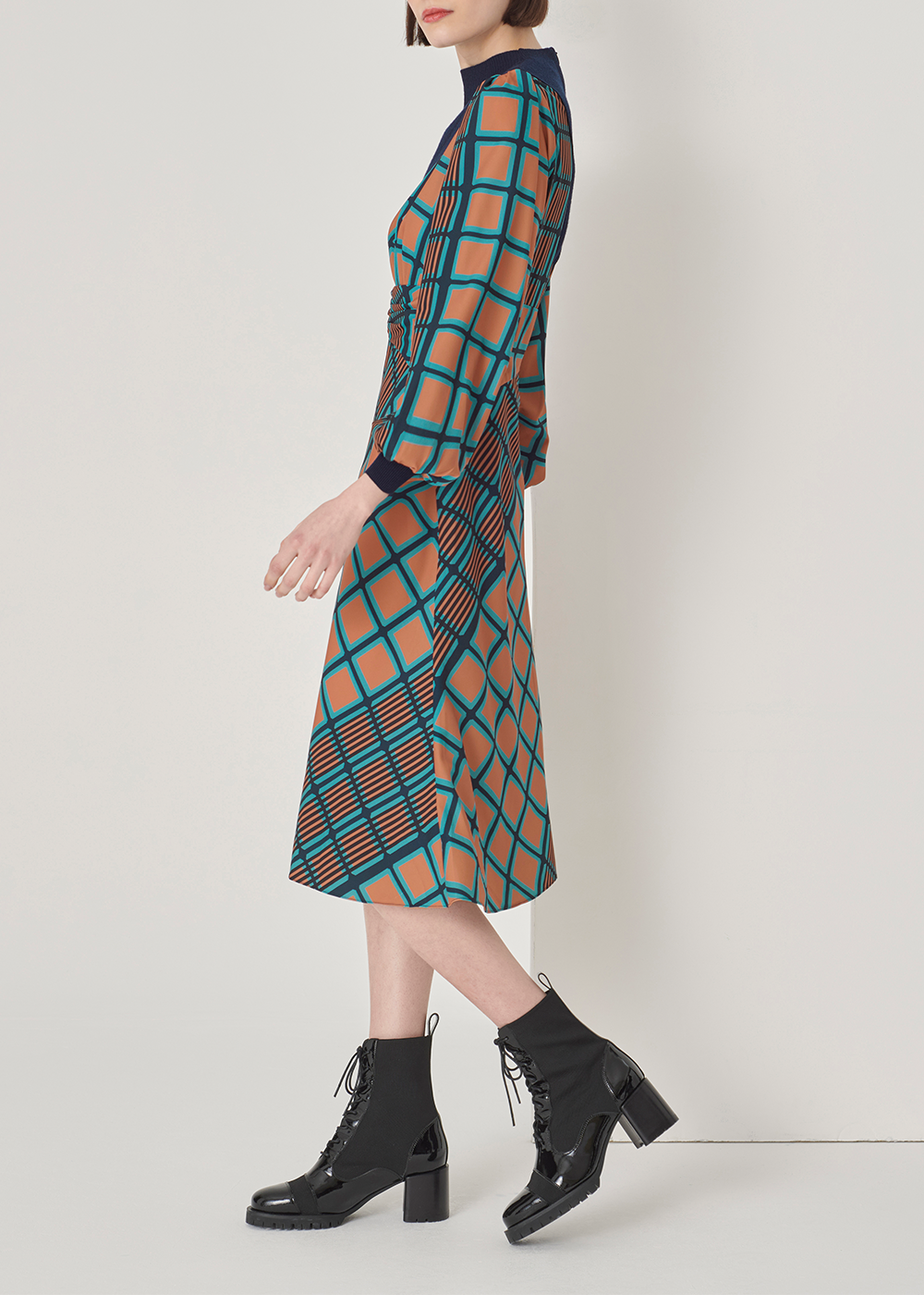 SALAZIA Blue-Green Check Stretch Wool Blend Dresses