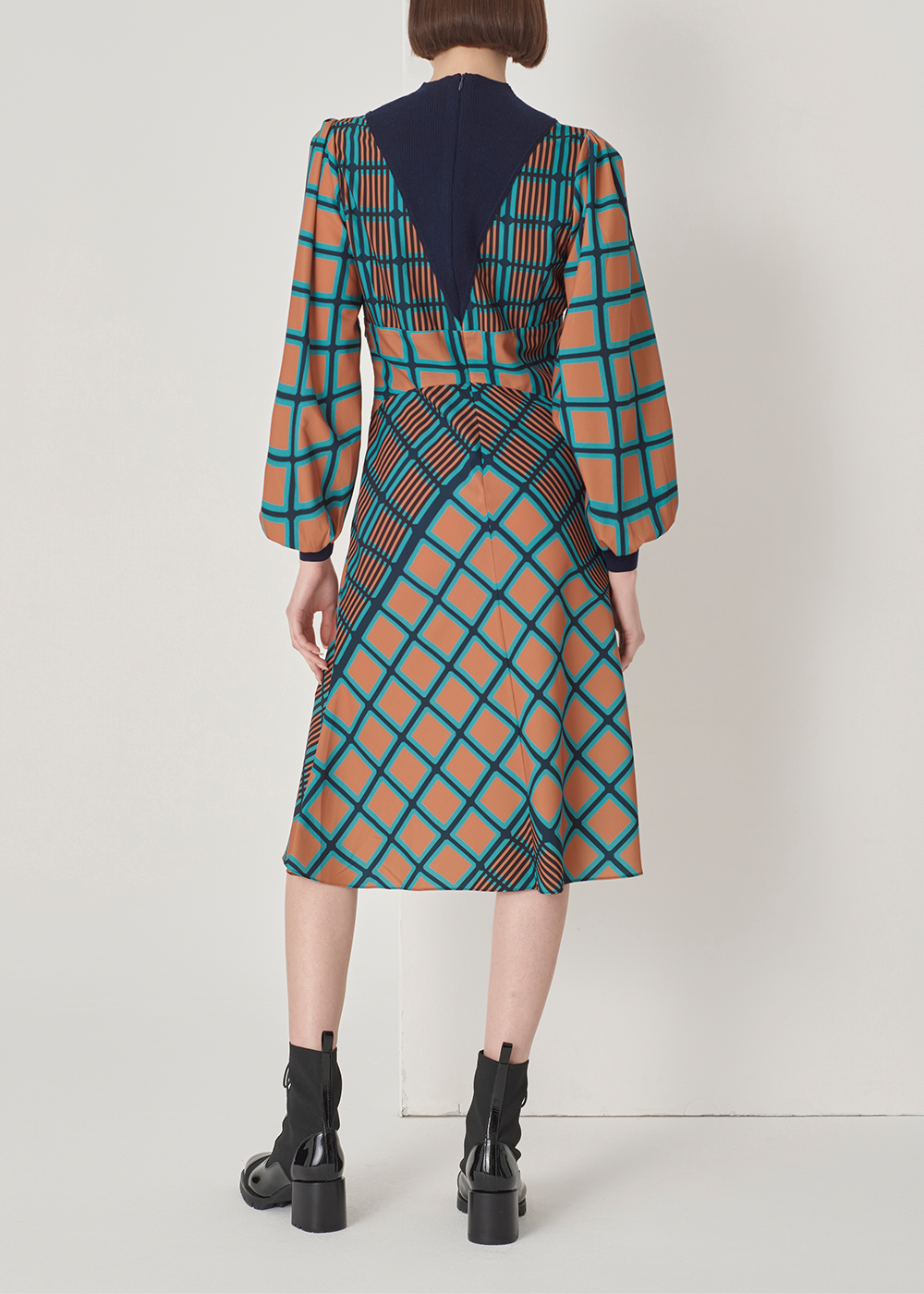 SALAZIA Blue-Green Check Stretch Wool Blend Dresses