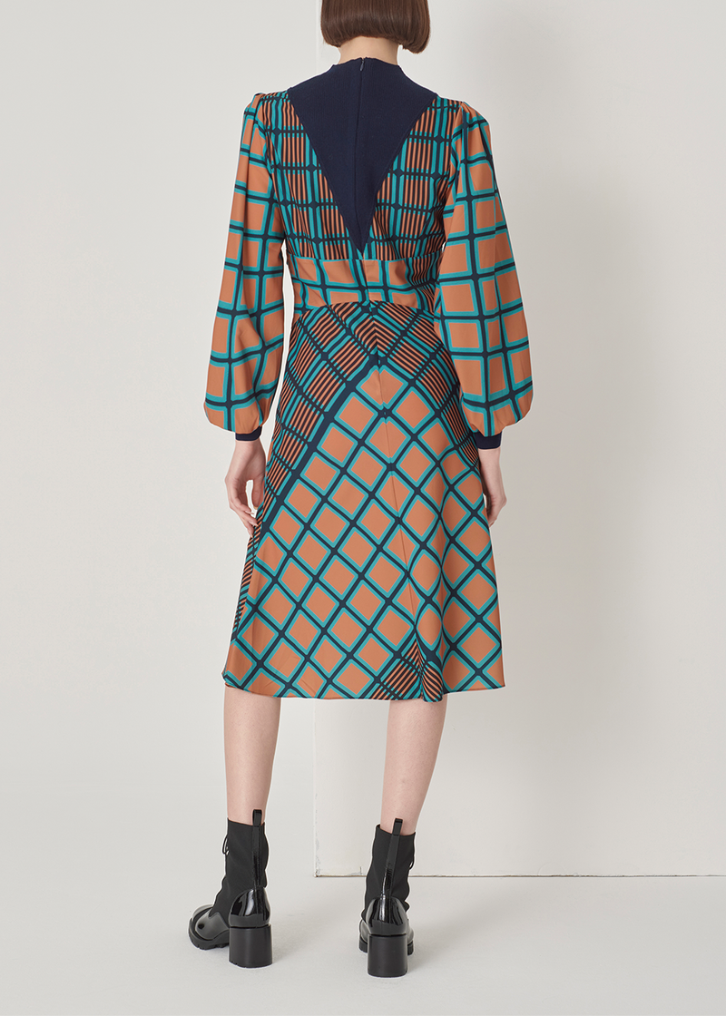 SALAZIA Blue-Green Check Stretch Wool Blend Dresses