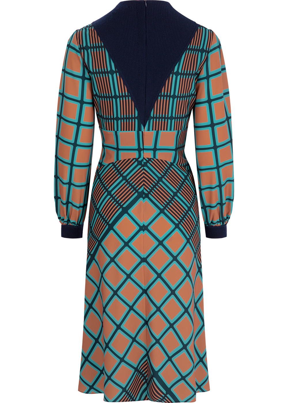 SALAZIA Blue-Green Check Stretch Wool Blend Dresses