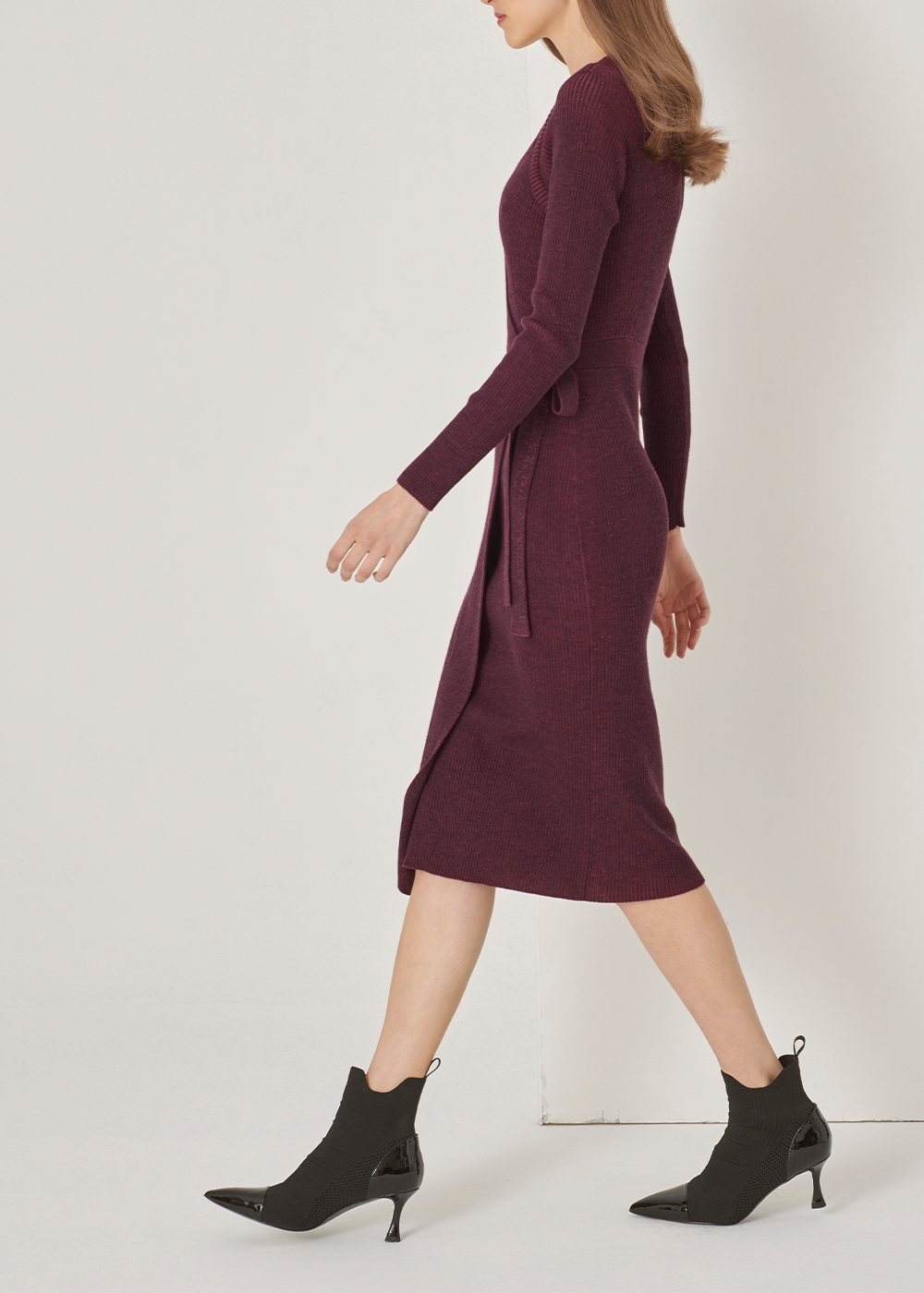 SALAZIA Burgundy Red Wool Knit Midi Dresses