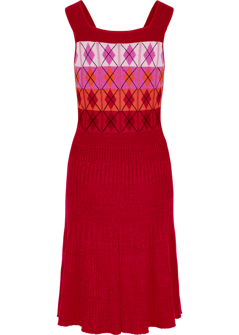 SALAZIA Red Berry Check Wool Blend Knit Dresses