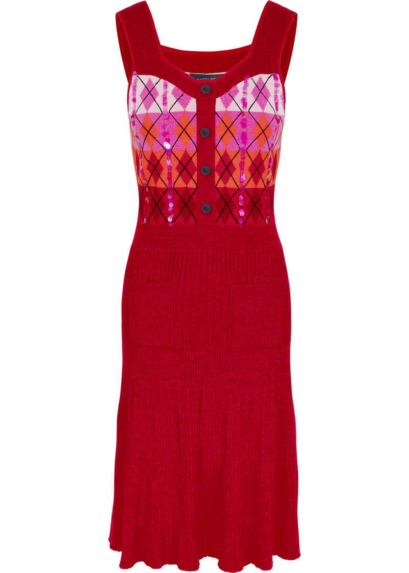SALAZIA Red Berry Check Wool Blend Knit Dresses