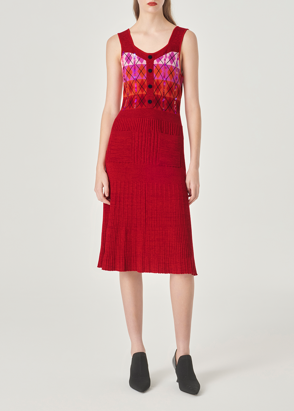 SALAZIA Red Berry Check Wool Blend Knit Dresses