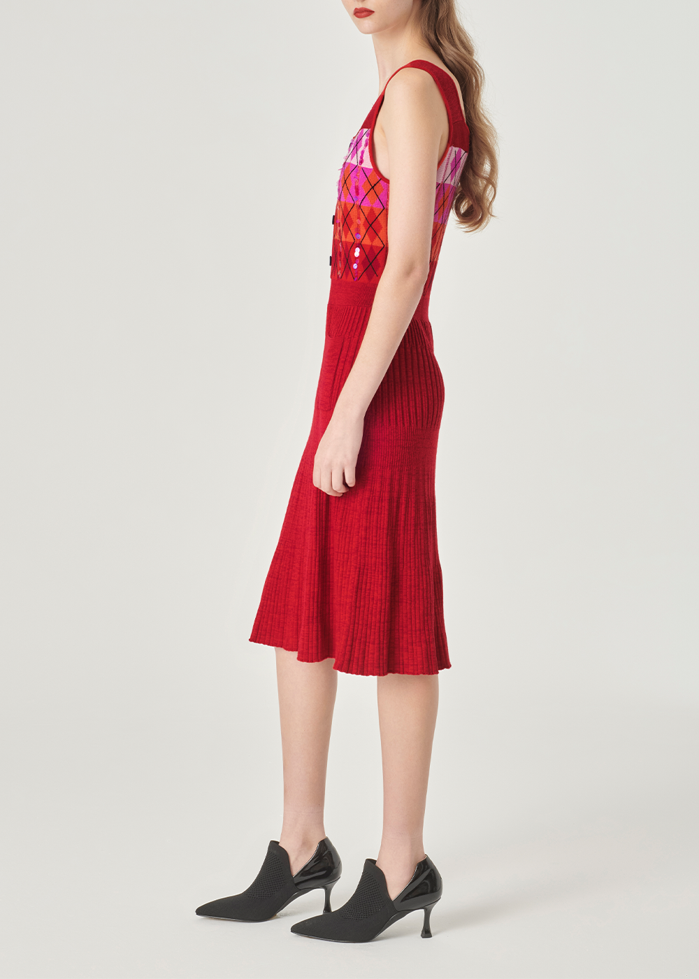 SALAZIA Red Berry Check Wool Blend Knit Dresses