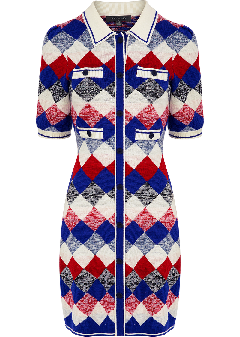 SALAZIA Red-White-Blue Diamond Wool Knit Dresses