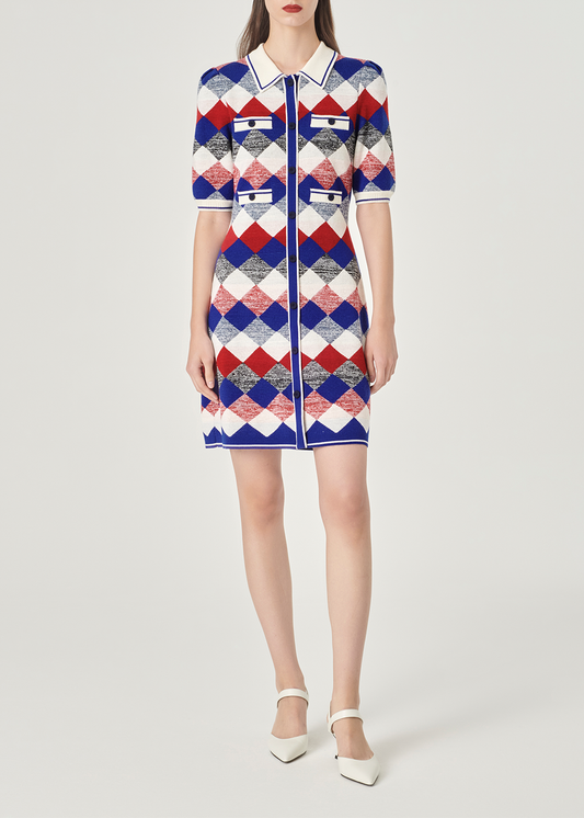 SALAZIA Red-White-Blue Diamond Wool Knit Dresses