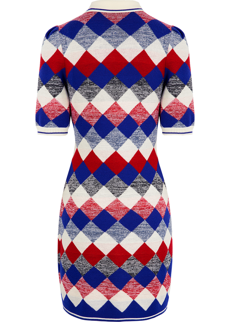 SALAZIA Red-White-Blue Diamond Wool Knit Dresses