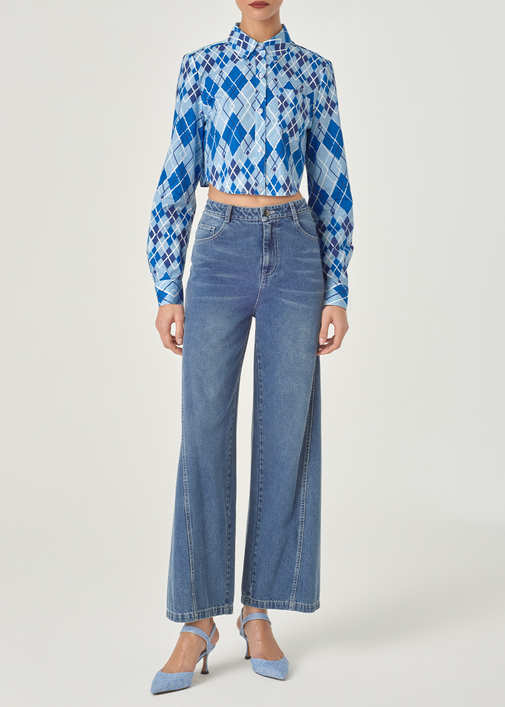 SALAZIA Blue-White Diamond Plaid Shirts