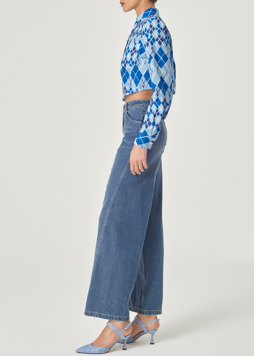 SALAZIA Blue-White Diamond Plaid Shirts