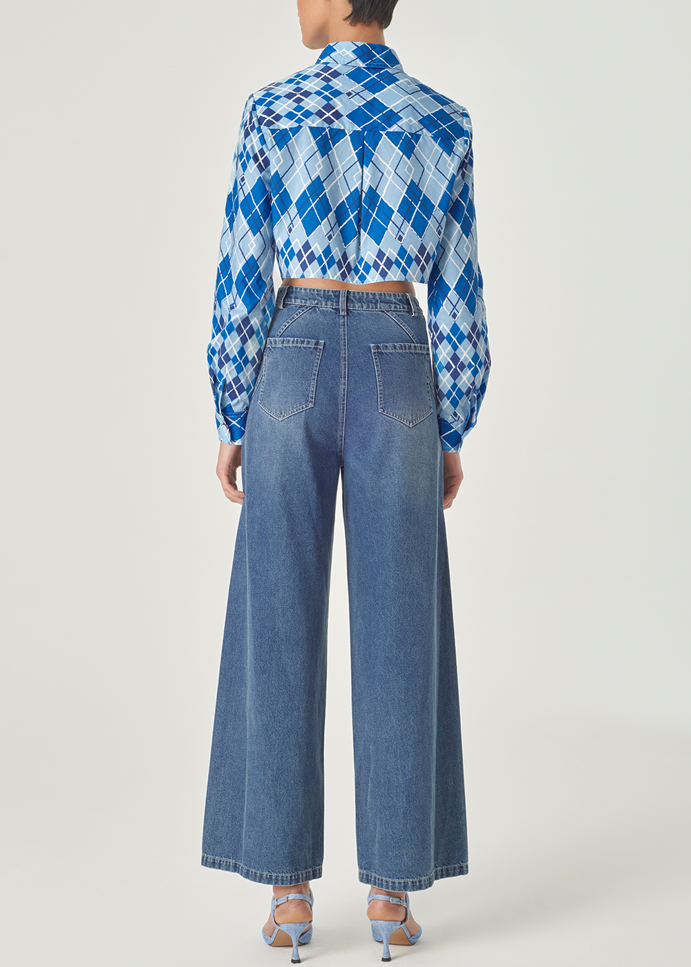 SALAZIA Blue-White Diamond Plaid Shirts