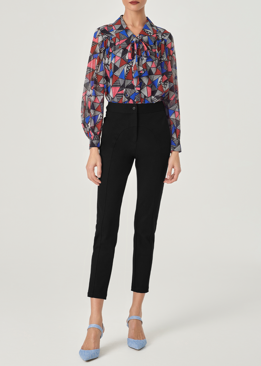 SALAZIA Blue-Red Triangle Lines Blouses