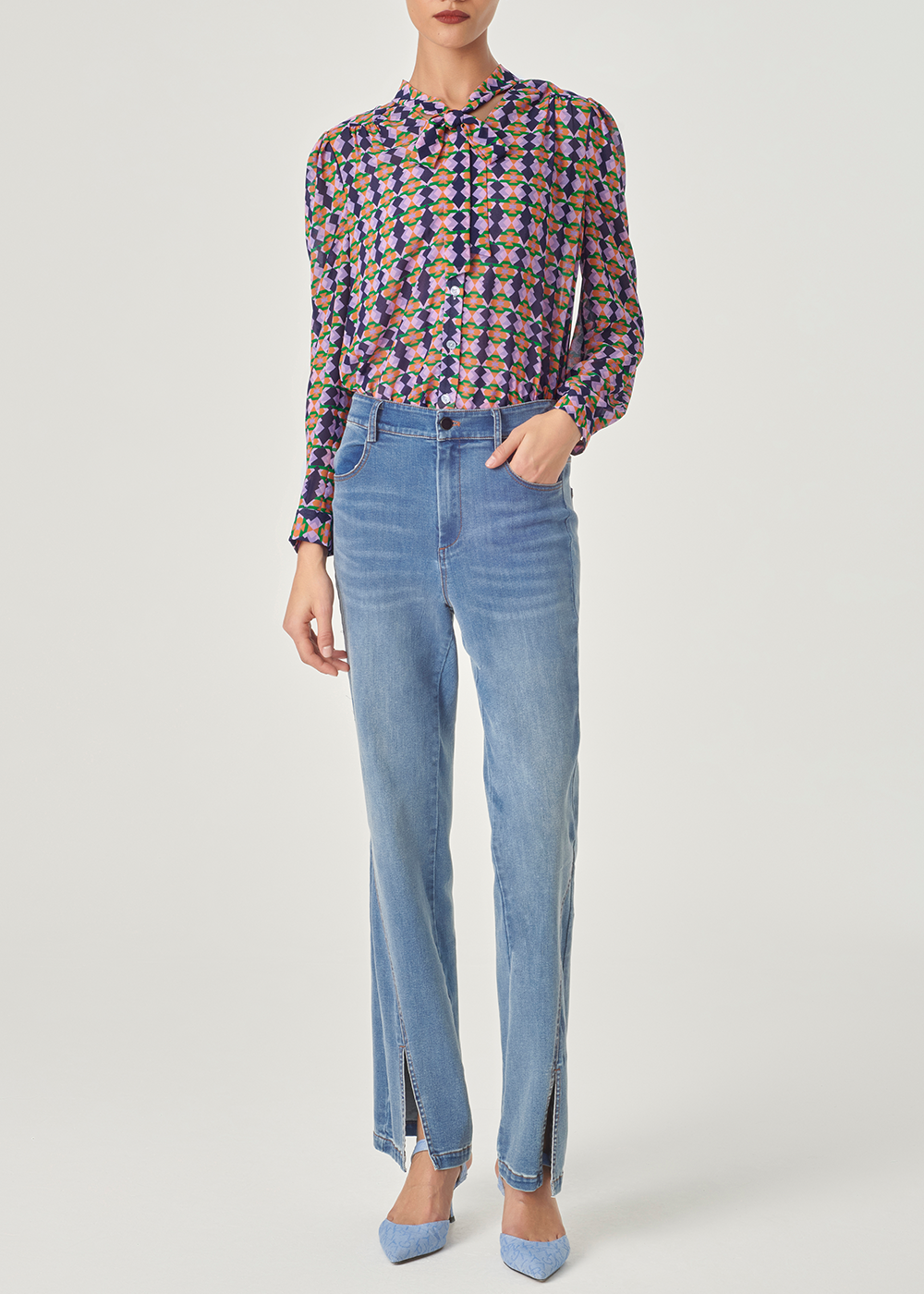 SALAZIA Purple-Blue Diamond Plaid Blouses