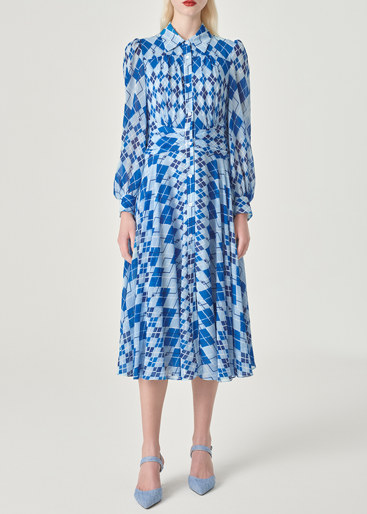 SALAZIA Blue-White Diamond Plaid Maxi Dresses