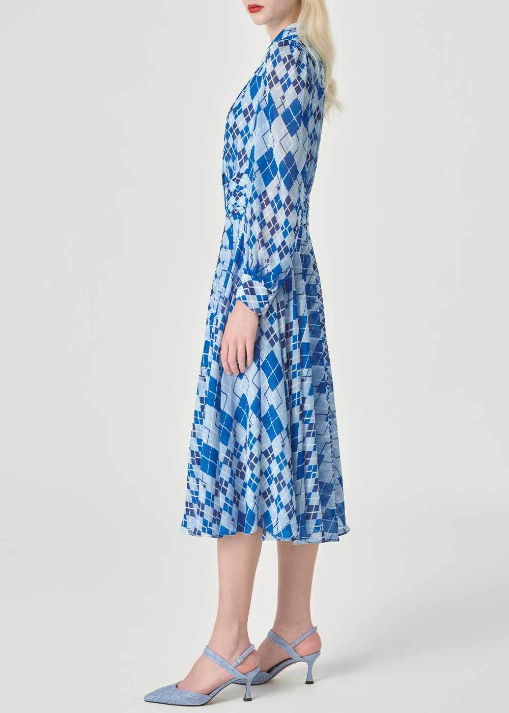 SALAZIA Blue-White Diamond Plaid Maxi Dresses