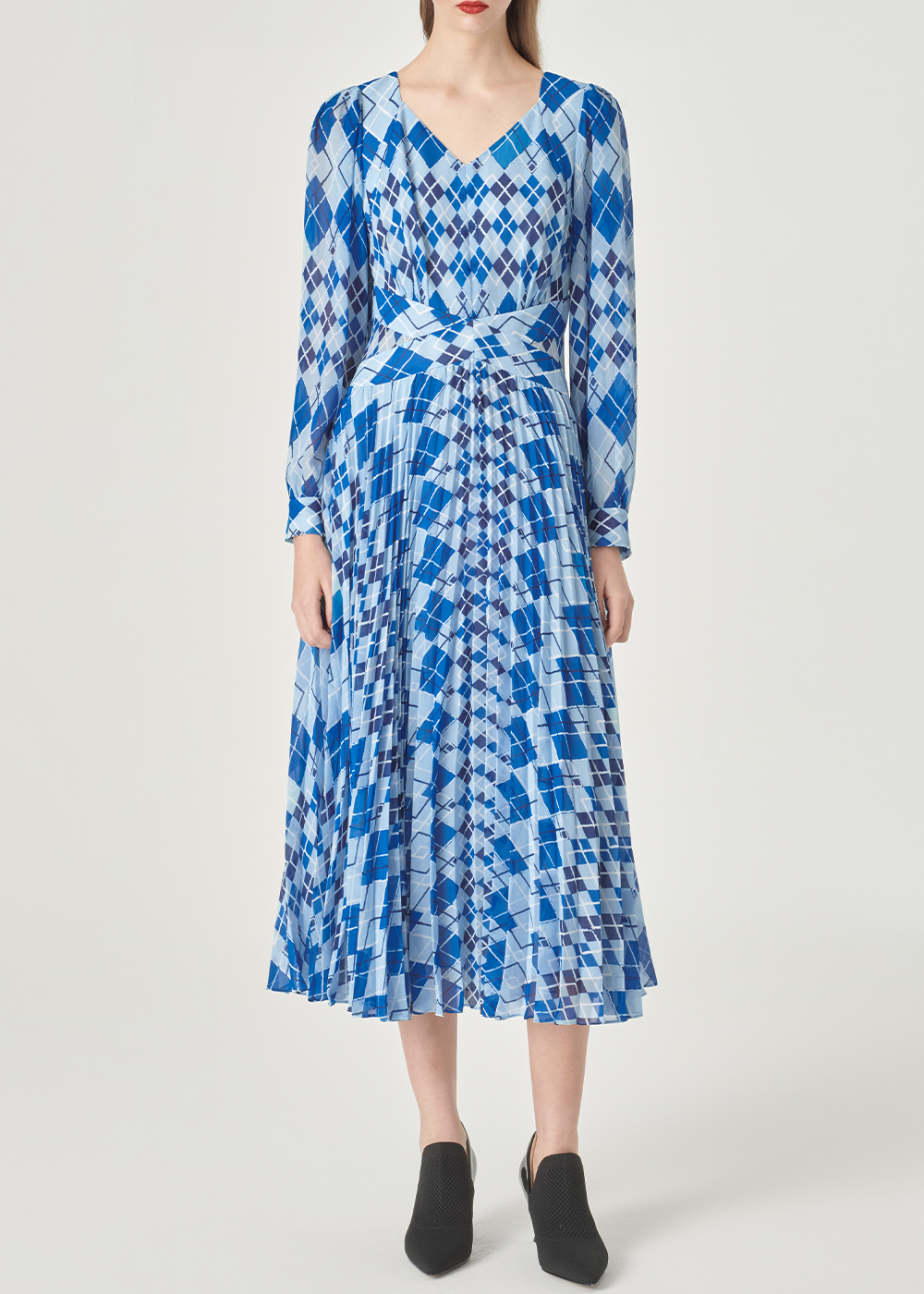 SALAZIA Blue-White Diamond Plaid Long-Sleeve Dresses