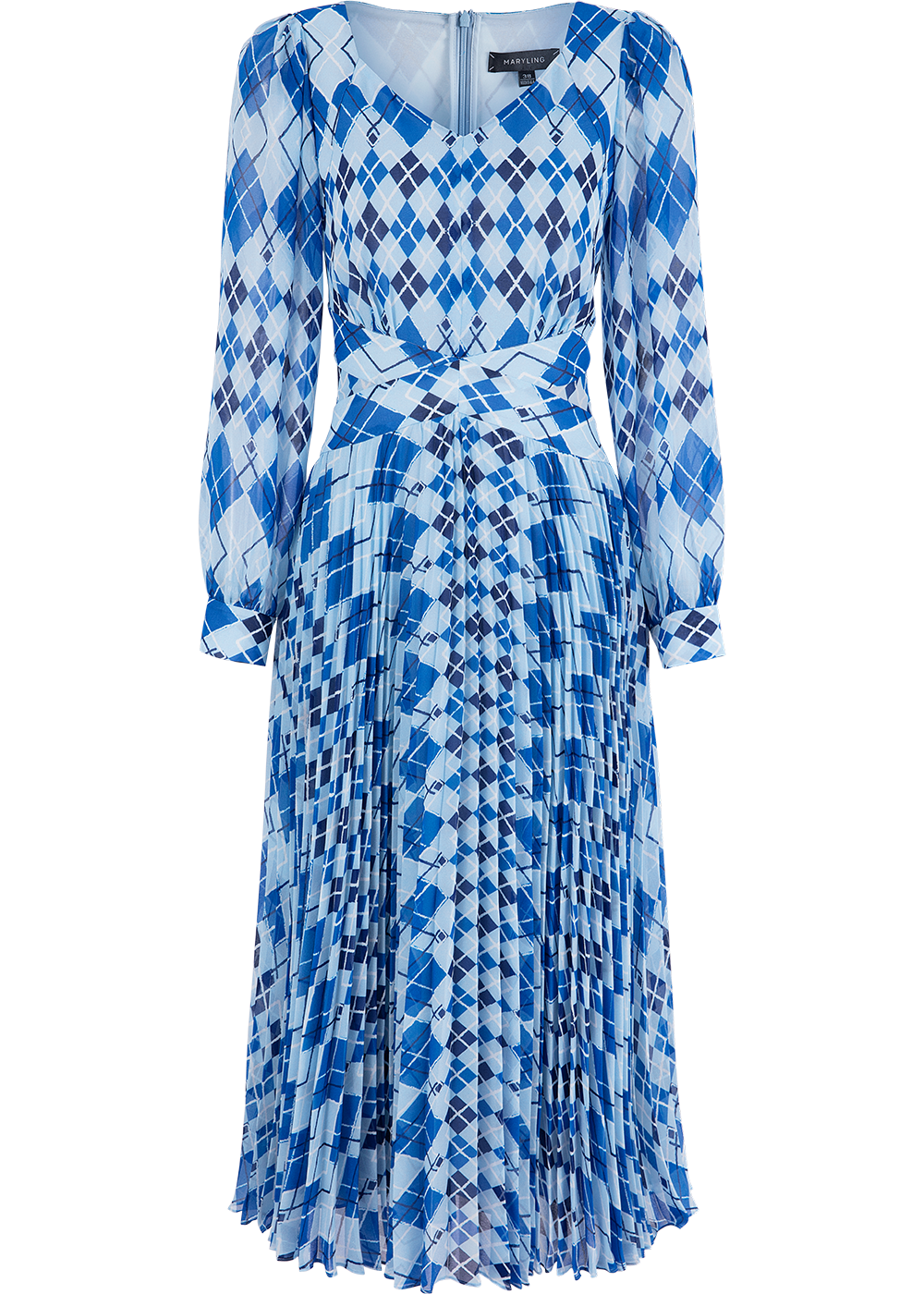 SALAZIA Blue-White Diamond Plaid Long-Sleeve Dresses