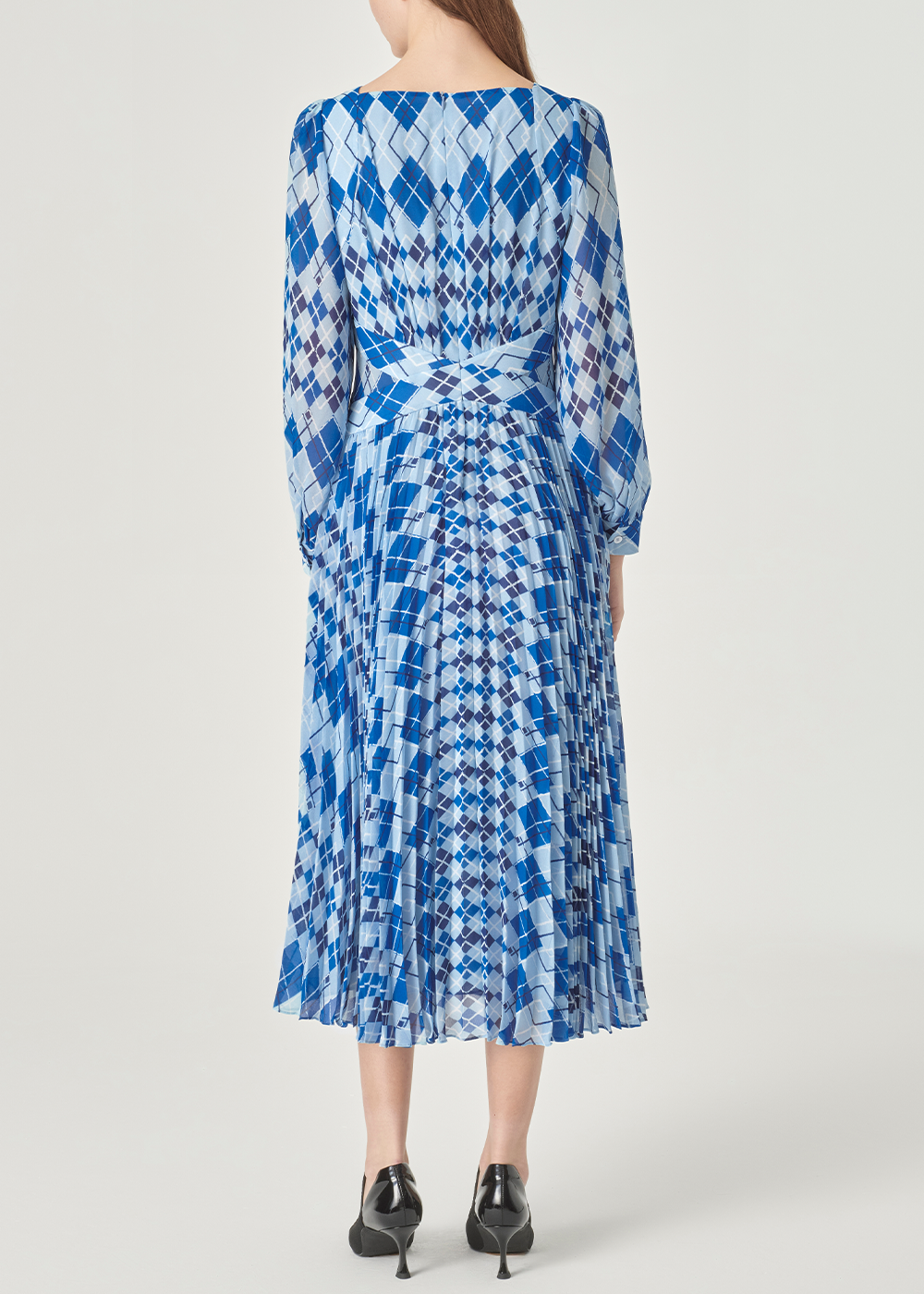 SALAZIA Blue-White Diamond Plaid Long-Sleeve Dresses