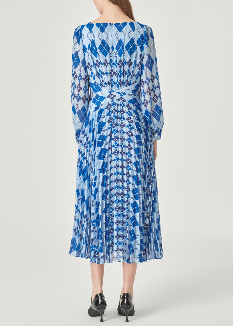 SALAZIA Blue-White Diamond Plaid Long-Sleeve Dresses