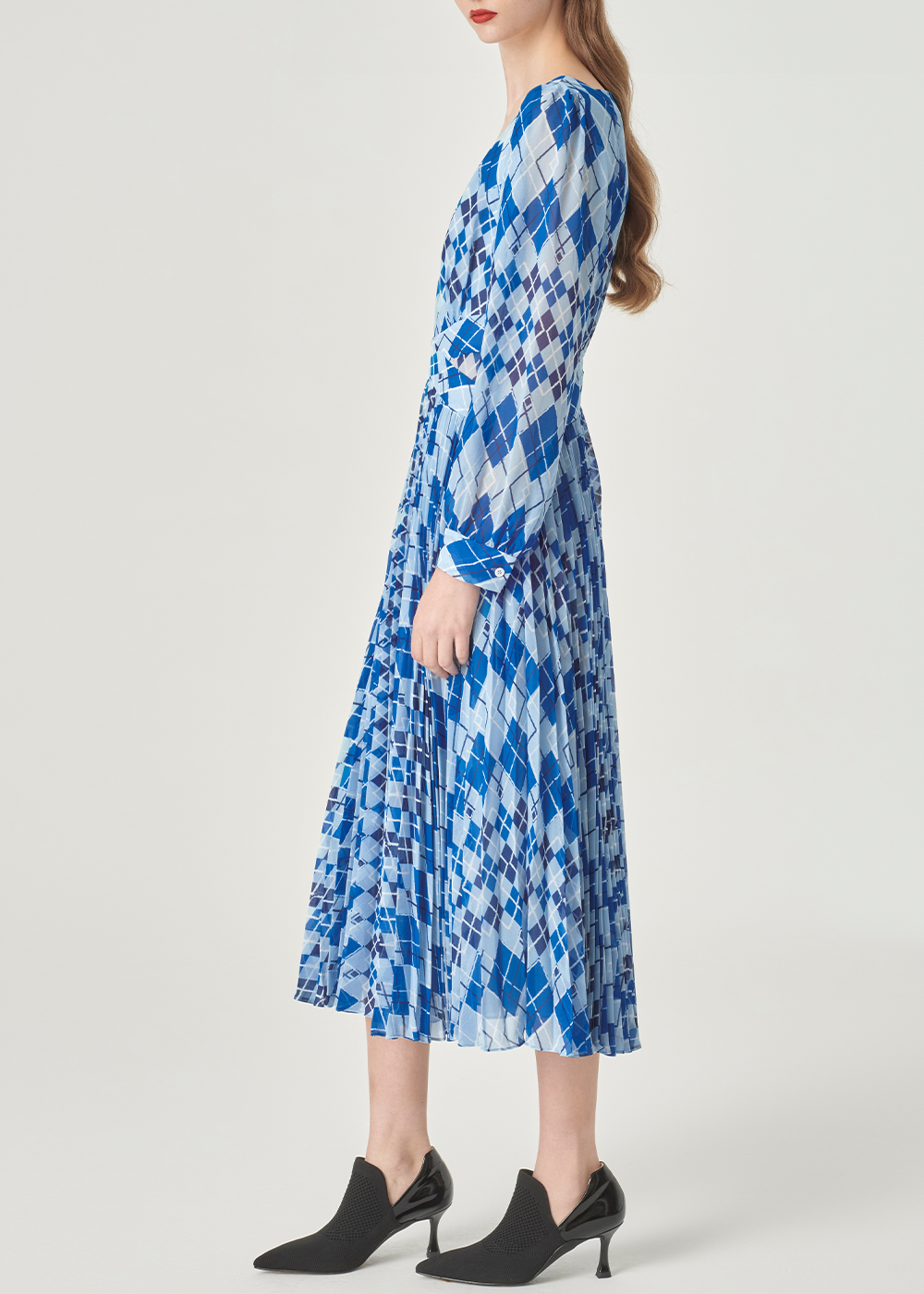 SALAZIA Blue-White Diamond Plaid Long-Sleeve Dresses