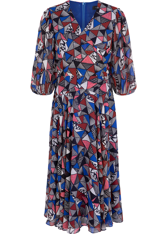 SALAZIA Blue-Red Triangle Lines Midi Dresses