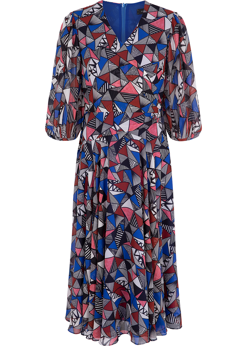 SALAZIA Blue-Red Triangle Lines Midi Dresses