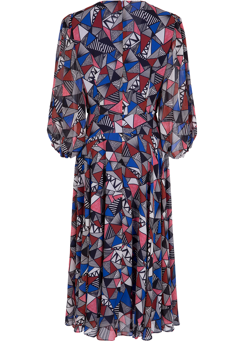 SALAZIA Blue-Red Triangle Lines Midi Dresses