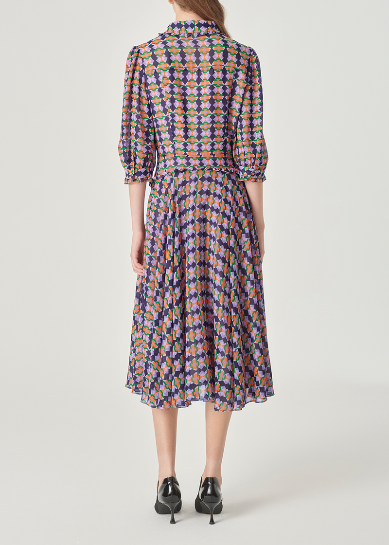 SALAZIA Purple-Blue Diamond Grid Long-Sleeve Dresses