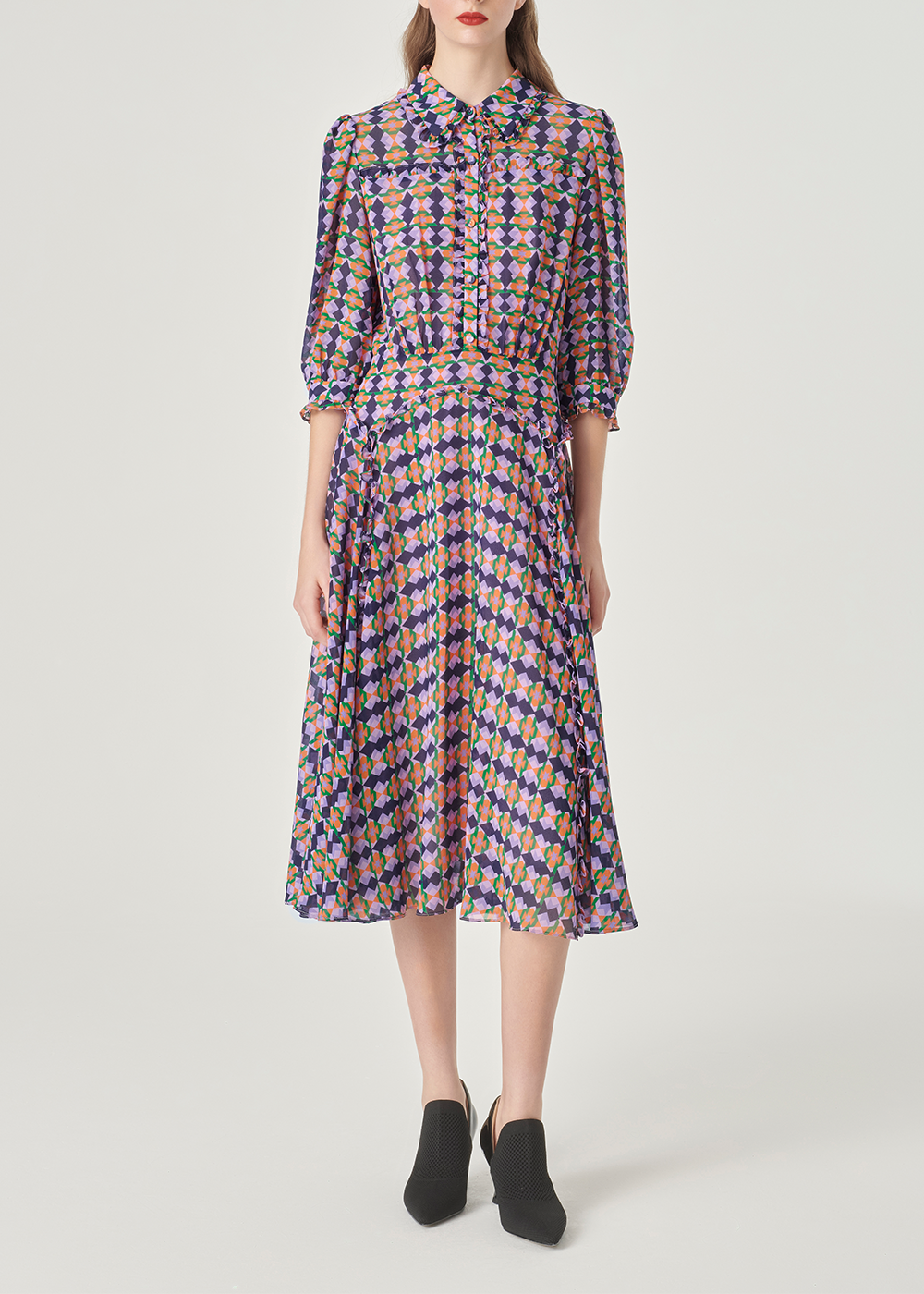 SALAZIA Purple-Blue Diamond Grid Long-Sleeve Dresses