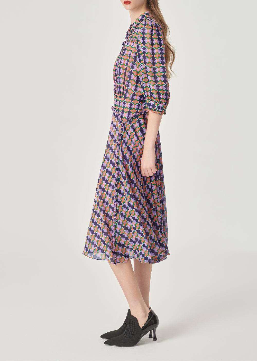 SALAZIA Purple-Blue Diamond Grid Long-Sleeve Dresses