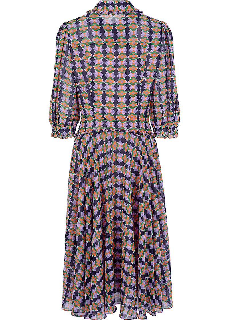 SALAZIA Purple-Blue Diamond Grid Long-Sleeve Dresses